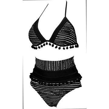 COCOSHIP Women's Mesh Striped High Waist Bikini Set Tassel Trim Top Halter Straps Swimsuit(FBA)
