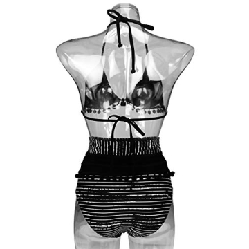 COCOSHIP Women's Mesh Striped High Waist Bikini Set Tassel Trim Top Halter Straps Swimsuit(FBA)