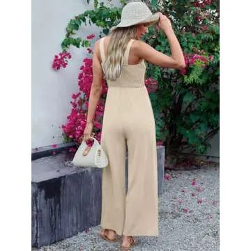 AUTOMET Womens Jumpsuits Casual Jumpers Summer Rompers Sleeveless Loose High Waist Wide Leg Overalls with Pockets 2025 Apricot S