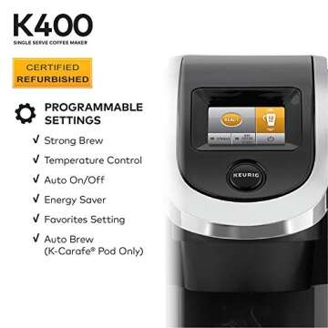Keurig K400 Coffee Maker, Single Serve K-Cup Pod Coffee Brewer, Programmable Brewer, Black (Renewed)