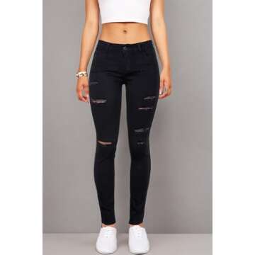 Wax Women's Juniors Mid-Rise Skinny Jegging Jeans w Distressing (7, Black)