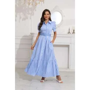 utcoco Womens Striped Button Down Shirt Dress Casual Puff Short Sleeve Ruffle Hem Maxi Dresses with Belt (Small, Blue)