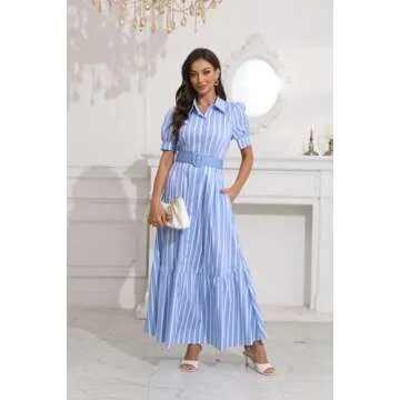 utcoco Womens Striped Button Down Shirt Dress Casual Puff Short Sleeve Ruffle Hem Maxi Dresses with Belt (Small, Blue)