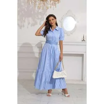 utcoco Womens Striped Button Down Shirt Dress Casual Puff Short Sleeve Ruffle Hem Maxi Dresses with Belt (Small, Blue)