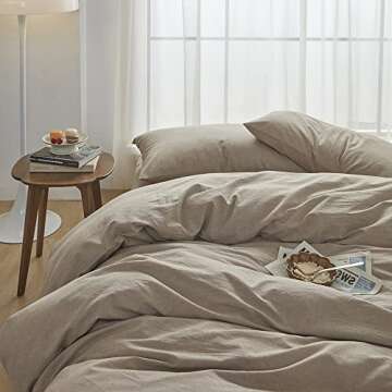 FACE TWO FACE Bedding Duvet Cover Set 3 Pieces 100% Washed Cotton Duvet Cover Linen Like Textured Breathable Durable Soft Comfy (King, Khaki)