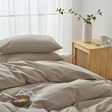 FACE TWO FACE Bedding Duvet Cover Set 3 Pieces 100% Washed Cotton Duvet Cover Linen Like Textured Breathable Durable Soft Comfy (King, Khaki)