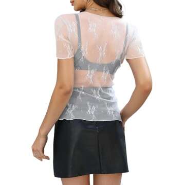 WIHOLL White Shirts for Women Lace Short Sleeve Summer Crewneck Sexy See Through Fashion Tops White L