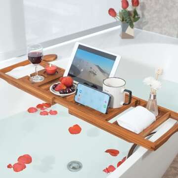 VaeFae Premium Teak Bathtub Tray, Expandable Wooden Bath Tray for Tub, Luxury Bathtub & Bathroom Acc...