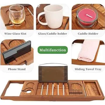 VaeFae Premium Teak Bathtub Tray, Expandable Wooden Bath Tray for Tub, Luxury Bathtub & Bathroom Accessories, Great House Warming, Anniversary & Wedding and Birthday Gifts (Free Teak Body Brush)