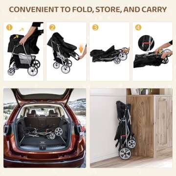 ZENY Foldable Pet Stroller, Cat/Dog Stroller with 4 Wheel, Pet Travel Carrier Strolling Cart with Storage Basket, Cup Holder (Black)