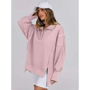 ANRABESS Women's Sweatshirts Oversized Casual Loose Button Up Henley Pullover Top High Low Split 2024 Fall Fashion Outfits Pink X-Large