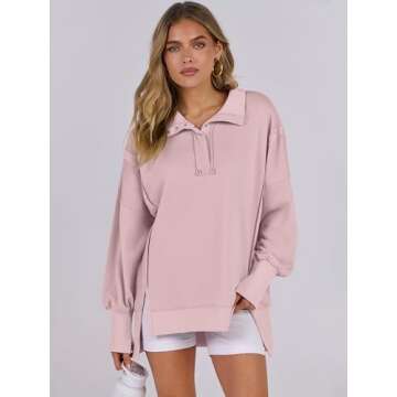 ANRABESS Women's Sweatshirts Oversized Casual Loose Button Up Henley Pullover Top High Low Split 2024 Fall Fashion Outfits Pink X-Large