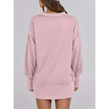 ANRABESS Women's Sweatshirts Oversized Casual Loose Button Up Henley Pullover Top High Low Split 2024 Fall Fashion Outfits Pink X-Large