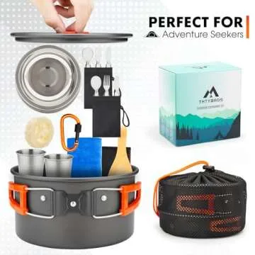 THTYBROS 17pcs Camping Cookware Kit, 0.45Gal Pot, 7inches Pan,0.30Gal Kettle Set with 2 Set Stainless Steel Cups Plates Forks Knives Spoons for Hiking,Camping,Backpacking,Outdoor Cooking and Picnic