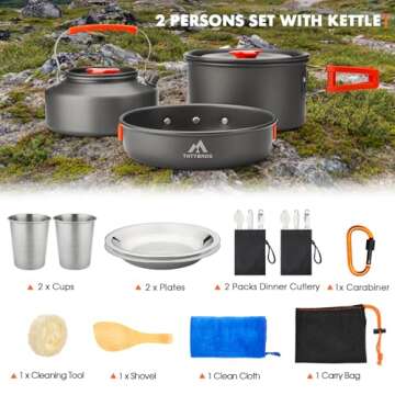THTYBROS 17pcs Camping Cookware Kit, 0.45Gal Pot, 7inches Pan,0.30Gal Kettle Set with 2 Set Stainless Steel Cups Plates Forks Knives Spoons for Hiking,Camping,Backpacking,Outdoor Cooking and Picnic