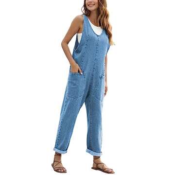 GREAIDEA High Roller Denim Jumpsuits for Women Casual Sleeveless Loose Baggy Overalls Jeans Pants Jumpers with Pockets