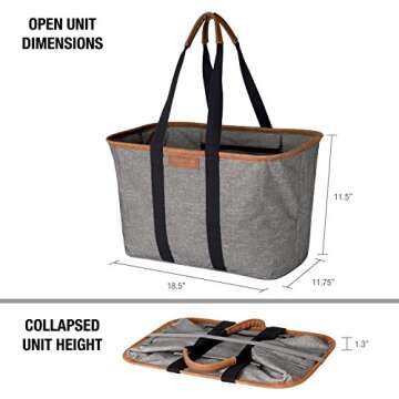 CleverMade Collapsible LUXE Tote, Heather Gray/Black - 30L (8 Gal) Structured Tote Bag with Handles and Reinforced Bottom - Reusable Grocery Bag, Shopping Bag, Utility Tote Bag