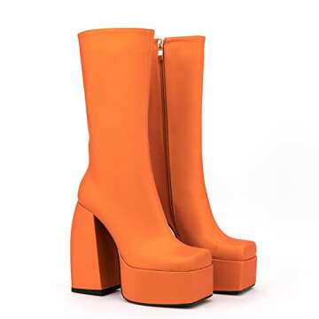 Makmeoyw Spike Heels: Snakeskin Platform Boots in Orange