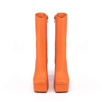 Makmeoyw Spike Heels: Snakeskin Platform Boots in Orange