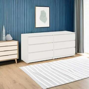 Tvilum 6 Drawer Double Dresser, Bedroom Furniture, Handle-free Drawers, Contemporary, White