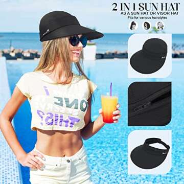 Sun Visor Hats for Women UV Protection Wide Brim 2 in 1 Zip-Off Visor Summer Beach Hat Womens Packab...