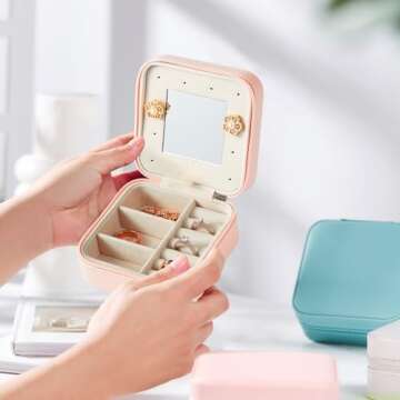 Vee Small Travel Jewelry Case, Mini Jewelry Organizer with Mirror Portable Display Storage Jewelry B...