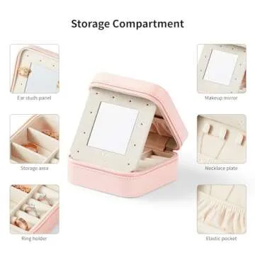 Vee Small Travel Jewelry Case, Mini Jewelry Organizer with Mirror Portable Display Storage Jewelry Box for Earrings, Rings, Necklaces, Bracelet, Valentine's Day for Women Girls (Pink)