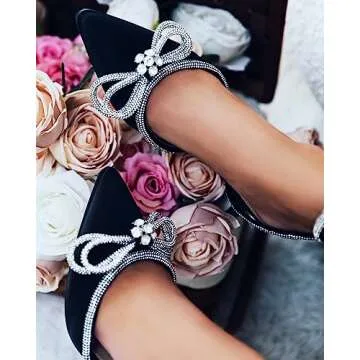 VETASTE Women's Double Bow Pointed Toe Ankle Strap Crystal Pumps Wedding Bridal Party Stilettos Backless Satin Heeled Sandals,Black, Size 6.5