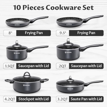 Induction Cookware Pots and Pans Set 10 Piece, BEZIA Dishwasher Safe Nonstick Cooking Pans, Stay-Cool Bakelite Handle, Scratch Resistant Kitchen Sets with Frying Pans, Saucepans & Stockpot (Black)