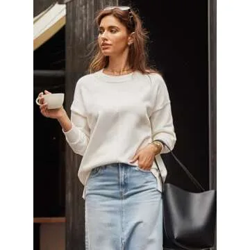 EVALESS Womens Fall Sweaters 2024 Fashion Crewneck Long Sleeve Pleated Knitted Casual Pullover Tops White M