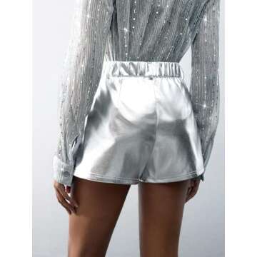 SECOLI Women's 2024 Summer Casual Plain Shorts Silver Coated Pocket Shorts for Summer, Small