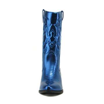 Soda Reno Women Western Cowboy Pointed Toe Knee High Pull On Tabs Boots (Blue Metallic Pu, US Footwear Size System, Adult, Women, Numeric, Medium, 6)