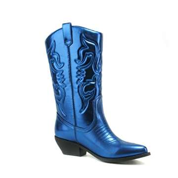 Soda Reno Women Western Cowboy Pointed Toe Knee High Pull On Tabs Boots (Blue Metallic Pu, US Footwear Size System, Adult, Women, Numeric, Medium, 6)