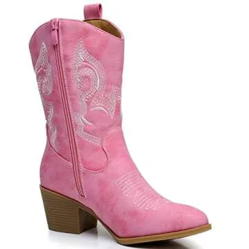 GLOBALWIN Women's Pink Mid Calf Cowgirl Boots Classic Embroidered Western Cowboy Boots for Women Chunky Low Heel Size 8M