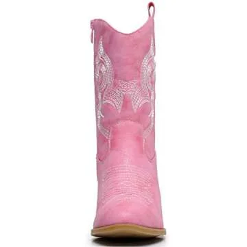GLOBALWIN Women's Pink Mid Calf Cowgirl Boots Classic Embroidered Western Cowboy Boots for Women Chunky Low Heel Size 8M