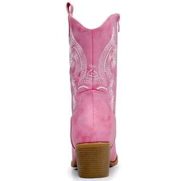 GLOBALWIN Women's Pink Mid Calf Cowgirl Boots Classic Embroidered Western Cowboy Boots for Women Chunky Low Heel Size 8M