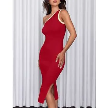 ZESICA Women's 2025 Summer One Shoulder Bodycon Midi Dresses Casual Sleeveless Ribbed Knit Side Slit Vacation Dress,Red,Samll