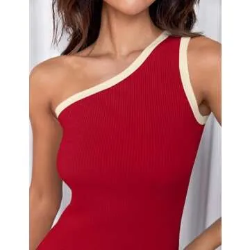 ZESICA Women's 2025 Summer One Shoulder Bodycon Midi Dresses Casual Sleeveless Ribbed Knit Side Slit Vacation Dress,Red,Samll