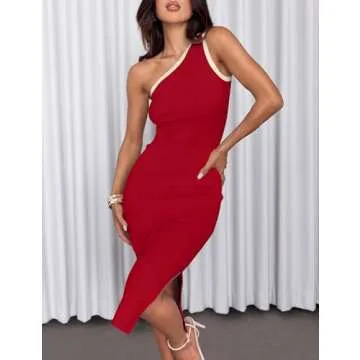 ZESICA Women's 2025 Summer One Shoulder Bodycon Midi Dresses Casual Sleeveless Ribbed Knit Side Slit Vacation Dress,Red,Samll