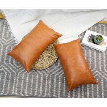 SEEKSEE Faux Leather Lumbar Pillow Cover 12x20 inch, Modern Country Style Decorative Lumbar Pillow for Bedroom Living Room Sofa Brown Accent Pillows.