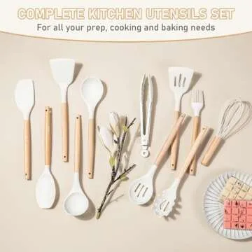 FJNATINH Kitchen Utensils Set, 13 pcs 450°F Heat Resistant Silicone Cooking Tools With Wooden Handl...