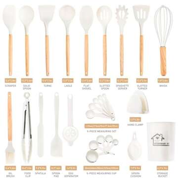 FJNATINH Kitchen Utensils Set,13 pcs 450°F Heat Resistant Silicone Cooking Utensils With Wooden Handles And Holder, Bpa Free Gadgets For Non-Stick Cookware（White ）