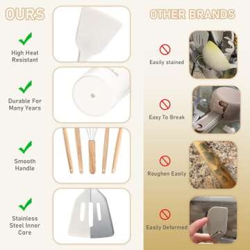 FJNATINH Kitchen Utensils Set,13 pcs 450°F Heat Resistant Silicone Cooking Utensils With Wooden Handles And Holder, Bpa Free Gadgets For Non-Stick Cookware（White ）