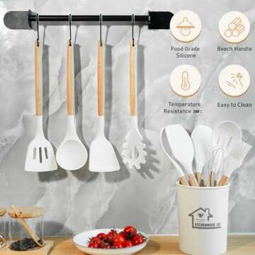 FJNATINH Kitchen Utensils Set,13 pcs 450°F Heat Resistant Silicone Cooking Utensils With Wooden Handles And Holder, Bpa Free Gadgets For Non-Stick Cookware（White ）