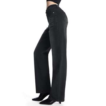 SEVEGO Women's 32"/34"/36" Tall Straight Leg Jeans Mid Waisted Stretchy Loose Denim Pants Casual Baggy Jean Trousers 36'', Black, M