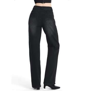 SEVEGO Women's 32"/34"/36" Tall Straight Leg Jeans Mid Waisted Stretchy Loose Denim Pants Casual Baggy Jean Trousers 36'', Black, M