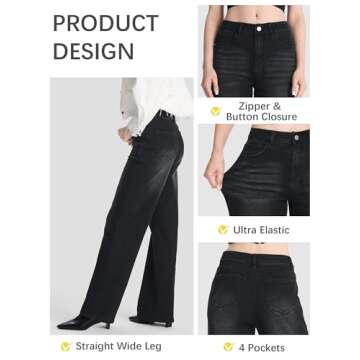 SEVEGO Women's 32"/34"/36" Tall Straight Leg Jeans Mid Waisted Stretchy Loose Denim Pants Casual Baggy Jean Trousers 36'', Black, M
