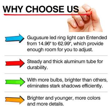 Gugusure Ring Light, 10" Led Ring Light with Tripod Stand & Phone Holder for Live Stream/Make Up/YouTube, Selfie Ring Light with 3 Light Modes and 10 Brightness Level, Compatible with iPhone/Android