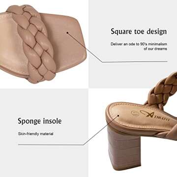 Athlefit Women's Braided Heels Square Toe Strappy Braided Sandals Slides Slip On Woven Block Nude Heels Size 9