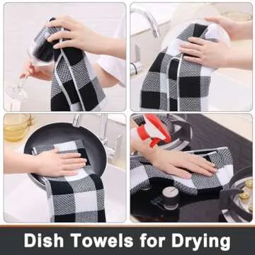 Mordimy 100% Cotton Waffle Weave Kitchen Towels, 13 x 28 Inches, Super Soft and Absorbent Buffalo Check Dish Towels for Drying Dishes, 4-Pack, Black & White
